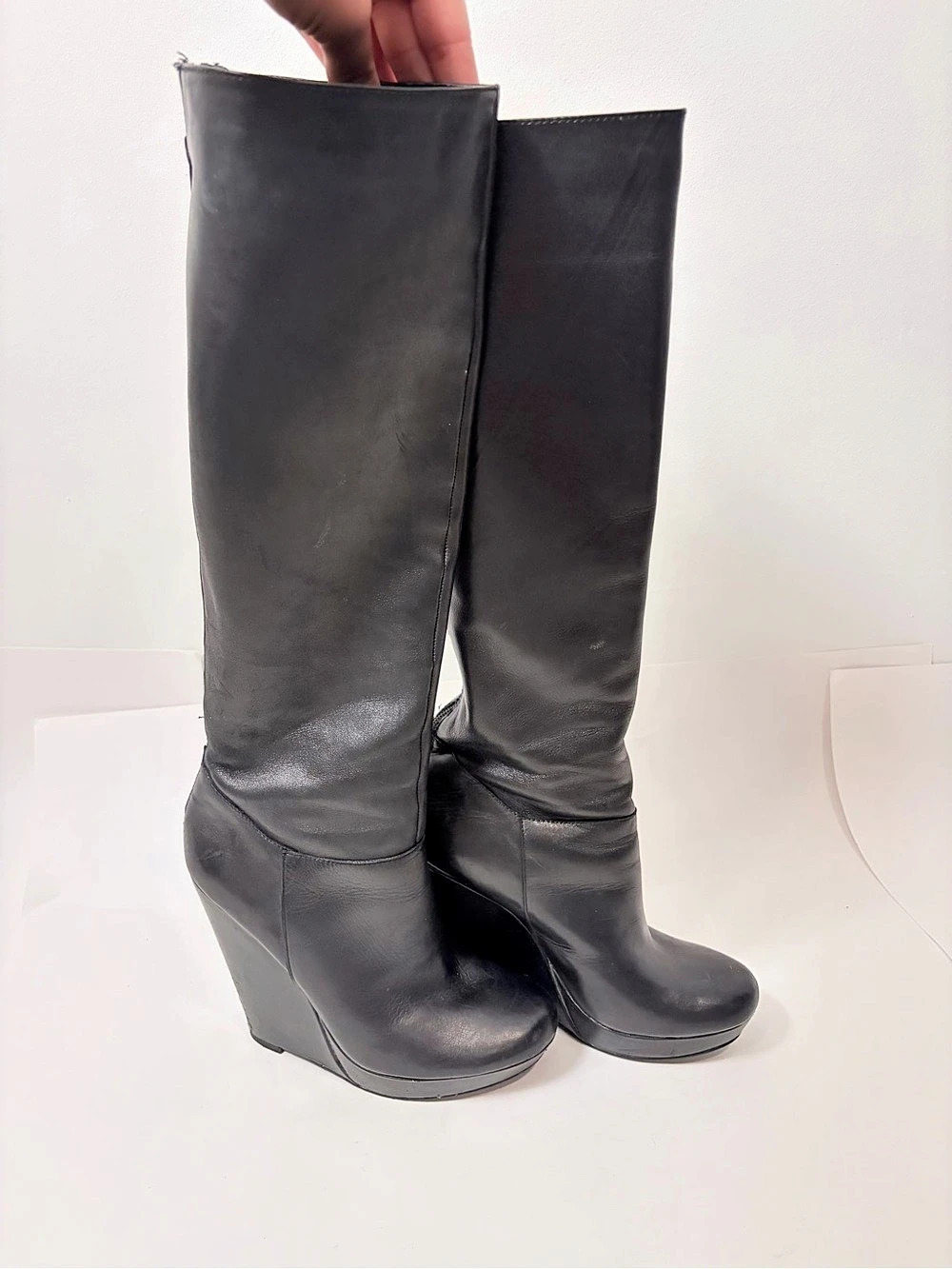 Trouvé Black Leather Knee-High Platform Wedge Boots – Size 7